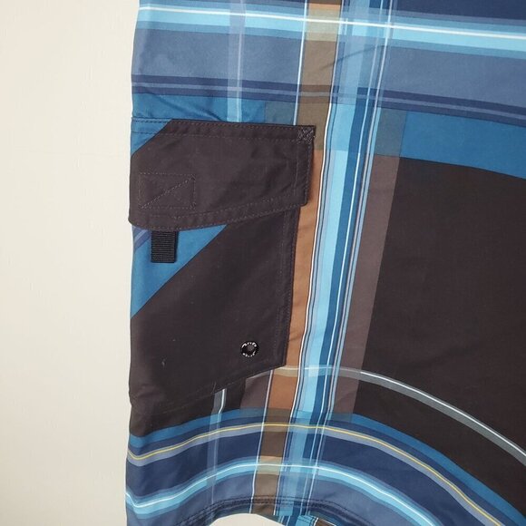 Aftco Bluewater Board Shorts Mens 42 Blue Brown‎ Plaid Beach Zippered Pockets - Picture 11 of 16